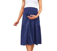 FUNJULY Maternity Skirt Casual High Waist Flowy Swing A Line Skirt with Pockets, Navy--v, XXL