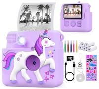 FUNKAM Children's Camera Instant Camera with Printing Paper, Unicorn Case & 32GB TF Card, Digital Camera Children with Colourful Pens Gift (Purple)