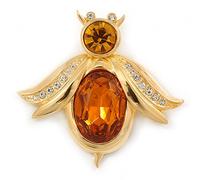 Funky Amber Coloured Glass Stone Bee Brooch In Gold Plating - 60mm Across