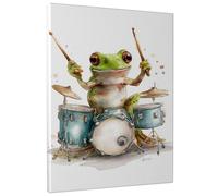 Funky Amphibian Drummer Canvas Wall Art, Green Frogs Playing Drums Artwork, Fanciful Home Aesthetic Decor For Living Room, Bedroom, Party, Kid's Room, Fun Wall Decor 16x20 Inch