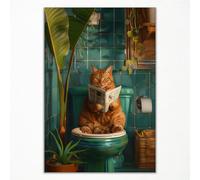 Funky Bathroom Canvas Wall Art, Cute Cat Reading Newspaper on Toilet Poster, Funny Cat Pooping Bathroom Wall Decor, Green Botanical Plant Animal Bathroom Print 16x24in Unframed