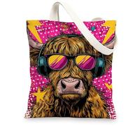 Funky Canvas Tote Bags, Fun Cow Design Reusable Grocery Bags, Lightweight Washable Shoulder Strap Canvas Bags for Gym Outdoor Travel Beach Picnic 13x15 Inch