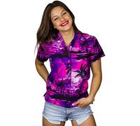Funky Casual Hawaiian Blouse Shirt for Women Front Pocket Button Down Very Loud Shortsleeve Small Flower Print, Surf Pink Purple, S