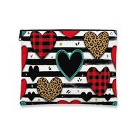 Funky Chic Makeup Bag, Heart Patterned Cosmetic Pouch with Leopard and Plaid Design, Portable Zipper Travel Organizer for Women, Valentine'S Day Gift, Red, 7x9 Inch, Heart