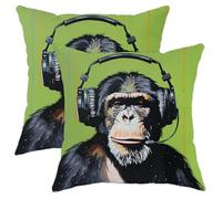 Funky Chimpanzee Headphones Pillow Covers Set of 2, Green Modern Animal Print Throw Cushion Case, Decorative Quirky Art Style Pillow Covers for Living Room Bedroom Couch 20x20 Inch