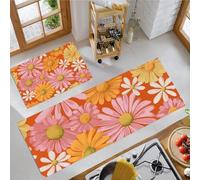 Funky Daisy Kitchen Rugs Sets Non Slip Washable Kitchen Mats Anti Fatigue Comfort 70S Retro Floor Mats for Laundry, Hallways, Sink 43x75cm+43x120cm Orange