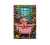 Funky Eclectic Quirky Wall Art Hanging Paintings Octopus in A Bathtub Luxury Bathroom Decor Unique Coastal Sea Life Animal Artwork Print Poster 08x12inch(20x30cm)