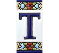funky global Spanish, Hand painted polichrome ceramic tiles. letters and numbers handpainted using dry rope technique perfect to create signs,addresses and names. Design FLORES MINI (LETTER T)