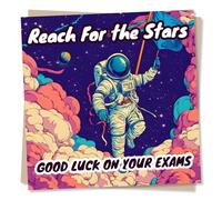 Funky Good Luck Card for a Loved One - Reach for The Stars - Exams - Astronaut, Space - for a Special Someone, Child, Grandchild, Friend, Bestie