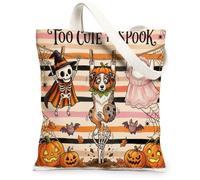 Funky Halloween Australian Shepherd Dog Canvas Tote Bag for Shopping 13 * 15 Inch, Fun Scary Ghost Skeleton Reusable Grocery Bag for Women, Spooky Aesthetic Pattern Gift Decor
