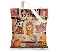 Funky Halloween Bunny Rabbit Canvas Tote Bag for Shopping 13 * 15 Inch, Fun Scary Creepy Ghost Skeleton Reusable Grocery Bag for Women, Spooky Aesthetic Pattern Gift Decor