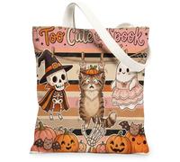Funky Halloween Maine Coons Cat Canvas Tote Bag for Shopping 13 * 15 Inch, Fun Scary Ghost Skeleton Reusable Grocery Bag for Women, Spooky Aesthetic Pattern Gift Decor