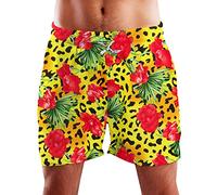 Funky Hawaiian Board-Shorts Trunks Swim-Pants, Leopard Flowers, Yellow, L