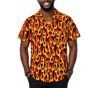 Funky Hawaiian Shirt, Men, Shortsleeve, Flames Allover, Yellow Red, 4XL