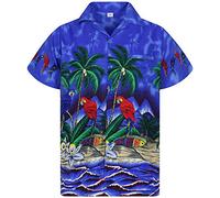 Funky Hawaiian Shirt Men Shortsleeve Frontpocket Hawaiian-Print Parrot Flowers, Darkblue, Large