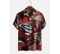 Funky Hawaiian Shirt, Red Cotton Linen Abstract Graffiti Landscape Pattern Men'S Short Sleeve Beach Shirt Button Down Summer Casual Shirts Tropical Print Quick Dry Holiday Party Aloha Shirt