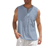 Funky Hawaiian Shirt, Sky Blue Fashion Cotton And Linen Pullover Men'S Sleeveless Beach Shirt Round Neck Frenulum Summer Casual Shirts Quick Dry Holiday Party Aloha Shirt