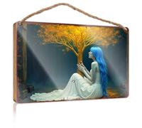 Funky Home Decor Blue-Haired Woman In White Dress Sitting Beside Golden Tree Wooded Sign Farm Hanging Door Sign Summer Decor(23X35CM)