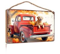 Funky Home Decor Golden Retriever In Vintage Pickup Truck With Autumn Pumpkins Wooded Sign Hanging Porch Sign Rustic Bathroom Signs(15X28CM)