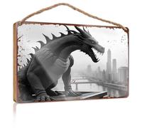 Funky Home Decor Monstrous Dragon Overlooking Urban Cityscape Wooded Sign Hanging Porch Sign Rustic Bathroom Signs(23X35CM)