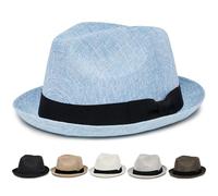 Funky Junque Men’s Fedora Hat - Classic Pork Pie Style Sun Hats for Men, Lightweight Imitation Linen Boater Porkpie Fedoras, Light Blue, L-XL