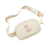 Funky Junque Personalized Chenille Letter Belt Bag for Girls | Initial Fanny Packs for Kids Ages 4-12 | Adjustable Crossbody Purse & Fanny Pack Girls Love | Stylish, Durable and Water-Resistant, Cream