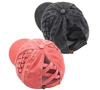 Funky Junque Ponytail Hat for Women - Baseball Cap with Adjustable Fit & High Pony Tail Criss Cross Back for Everyday Wear, 2 Pack - Basketweave Black & Coral, One Size