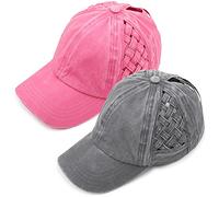 Funky Junque Ponytail Hat for Women - Baseball Cap with Adjustable Fit & High Pony Tail Criss Cross Back for Everyday Wear, 2 Pack - Basketweave Grey & Pink, One Size