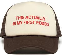 Funky Junque Premium Mesh Snapback Trucker Hat - Stylish Comfort for All - Patriotic, Humor & More, This Actually is My First Rodeo (Beige/Brown), One size