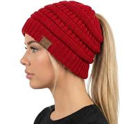 Funky Junque Women's Beanie Ponytail Messy Bun BeanieTail Solid Ribbed Hat Cap, Red, One Size