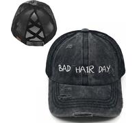 Funky Junque Womens Criss Cross Baseball Cap with Ponytail Slot and Distressed Style, Bad Hair Day - Black (Distressed) Black Mesh, One Size
