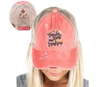 Funky Junque Womens Criss Cross Baseball Cap with Ponytail Slot and Distressed Style, Tequila, Lime & Sunshine - Coral, One Size