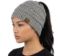 Funky Junque Women's Ponytail Beanie Hat - Soft Ribbed Messy Bun Knit Cap - Solid, Confetti & Multi-Tone, A Confetti Dove Grey Design, One Size