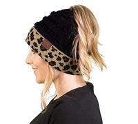 Funky Junque Women's Ponytail Beanie Hat - Soft Ribbed Messy Bun Knit Cap - Solid, Confetti & Multi-Tone, A Leopard Print - Black, One Size