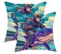 Funky Monkey Fishing Pillow Covers Set of 2, Colorful Cartoon Catfish Design Throw Pillows Case, Fun Decorative Square Modern Decor Cushion Covers for Home Sofa Bed Couch 18x18 Inch