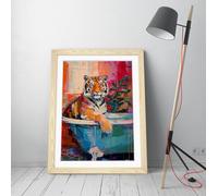 Funky painting of a tiger in a bathtub, vivid colourful Stunning Framed Wall Art Print Picture - A3 - Light Oak Frame