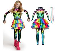Funky Punky Bones Colorful Skeleton Deluxe Girls Costume Set with Hair Extensions for Halloween Costume Dress Up Parties