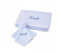 Funky Purple Monkey Personalised Baby Blanket & Bear Comforter Bundle - Embroidered Newborn Essentials with Teddy Bear Comforter, Soft Customised Blanket for New Born Baby Girls, Blue, 75x100 cm
