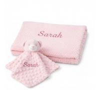 Funky Purple Monkey Personalised Baby Blanket & Bear Comforter Bundle - Embroidered Newborn Essentials with Teddy Bear Comforter, Soft Customised Blanket for New Born Baby Girls, Pink, 75x100 cm