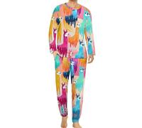 Funky Rainbow Llamas Men's Pajama Set 2 Piece Long Sleeve Sleepwear Top And Bottom