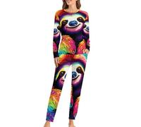 Funky Rainbow Sloth Women's Pajamas Set 2 Piece Long Sleeve Lounge Tops And Pants Sleepwear