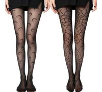 Funky Tights for Women, Patterned Tights with Moon & Spider Web Lace Design, Sheer See-Through Pantyhose, Breathable Sexy Black Tights for Dating & Shopping,Dating Shopping Accessories for Women Girl