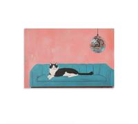 Funky Tuxedo Cat And Disco Ball Canvas Wall Art, Retro Mid Century Modern Sofa Poster Print, Trendy Preppy Dopamine Decor, Fun Aesthetic Drinks Trolley Picture for Flat Unframe 24x36inch(60x90cm)