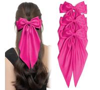 FUNKYFINDS Pink Fashionable Oversized Long Tail Satin Hair Bows Extra Large Silky Bowknot Hair Clips for Women & Girls, Hair Accessories with Metal Clip for Secure Hold (Set of 4)