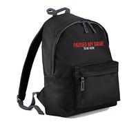 FunkyShirt Black Embroidery BackPack - I PAUSED MY GAME TO BE HERE - RuckSack School Bag Cool Bag Mens Boys Back Pack Gaming gamers gifts for men (Black, One Size - 42 x 31 x 21cm)