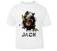 FunkyShirt Boys Scary Dinosaur T Shirt with Personalised Name Printed top Unique Summer Boys Girls Clothes Kids Baby Presents for 5 Year Old Girls Presents for Boys t-rex Gifts (White, 5-6 Years)