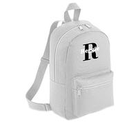 FunkyShirt Customised Name Initial Personalised Name Backpack Kids Childrens School Backpack Bag Boys Cute Rucksack Bags Pens Toddler Nursery Gym Black White Kid (Mini Backpack, Grey)