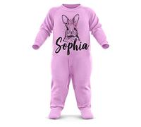 FunkyShirt Easter Romper Baby Girl - Personalised Name Babygrow Bunny Rabbit - Easter Rompersuit Outfit Clothes Grow, Light Pink, 6-12 Months