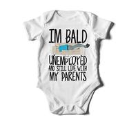 FunkyShirt I'm Bald, Unemployed and Still Live My Parents Babygrow - Funny Baby Grow Sleep Suit - Lazy Babies Funny Birthday Present - Newborn Idea White