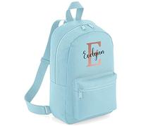 FunkyShirt Rose Gold Custom Initial and Personalised Name Kids Childrens School Backpack Bag Girls Cute Rucksack Bags Pretty Cursive Toddler Nursery Gym Sack (Powder Blue)